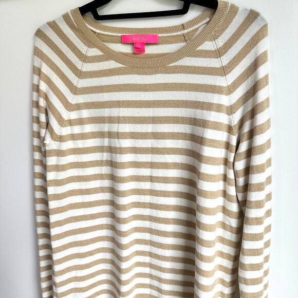 Lilly Pulitzer Dinah Medium Gold White Shimmer Crew Sweater Henley Stripe - Picture 3 of 8